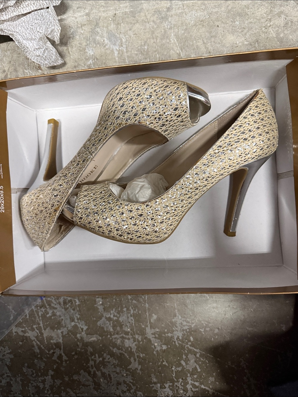 Audrey Brooke Champagne Glitter Peep-Toe Stiletto Heels